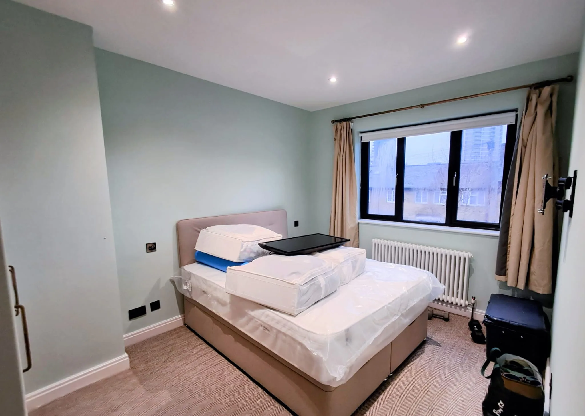 Modern bedroom with mint green accent walls