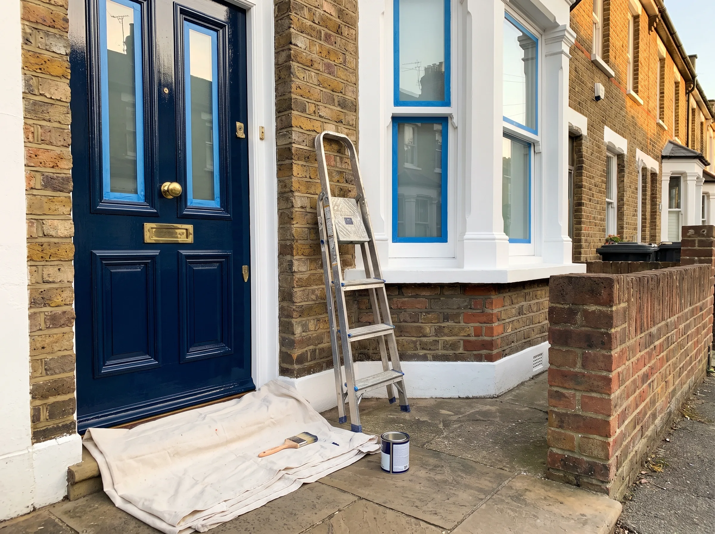 A freshly painted blue door with painting supplies on the ground in front of a brick house