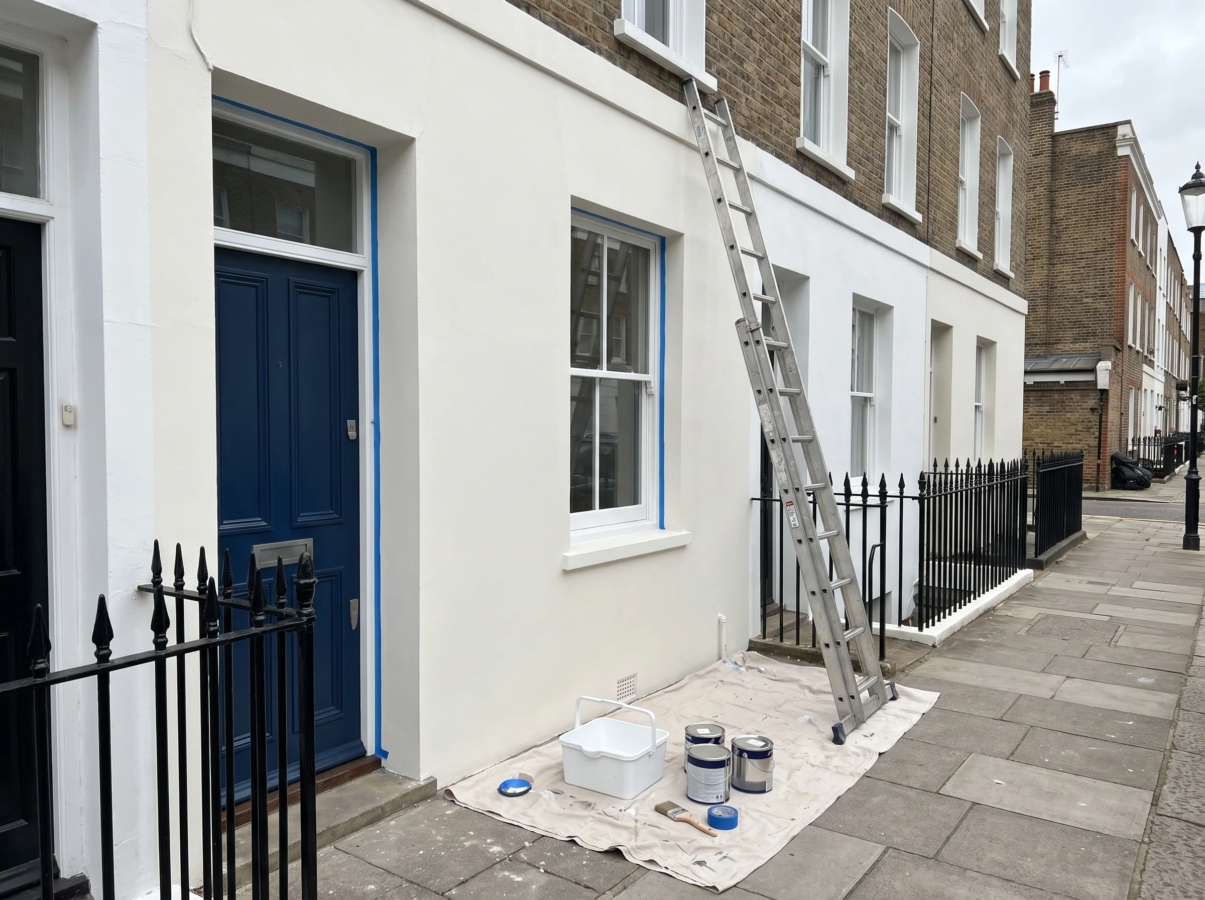 Exterior painting of a residential building featuring freshly painted walls and a ladder