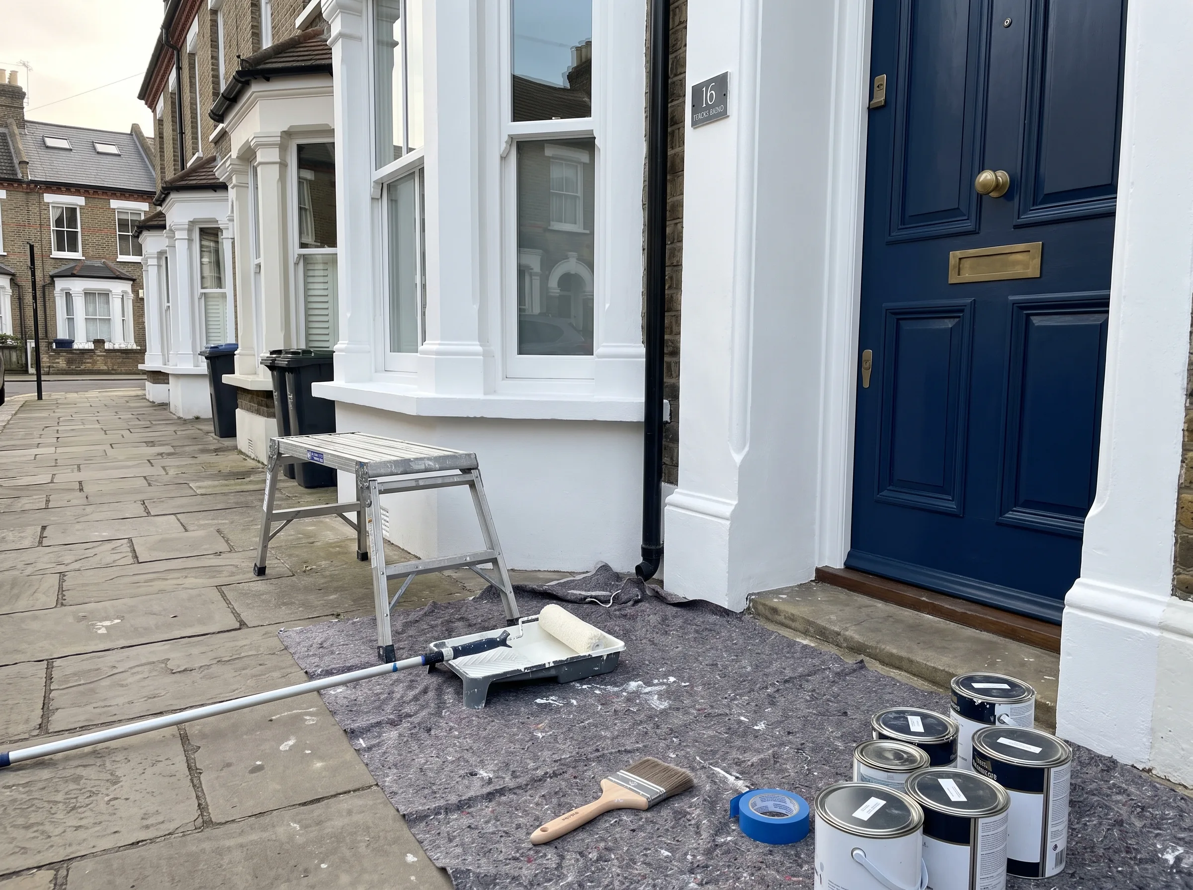 Freshly painted exterior of a house featuring a dark blue door and painting tools laid out