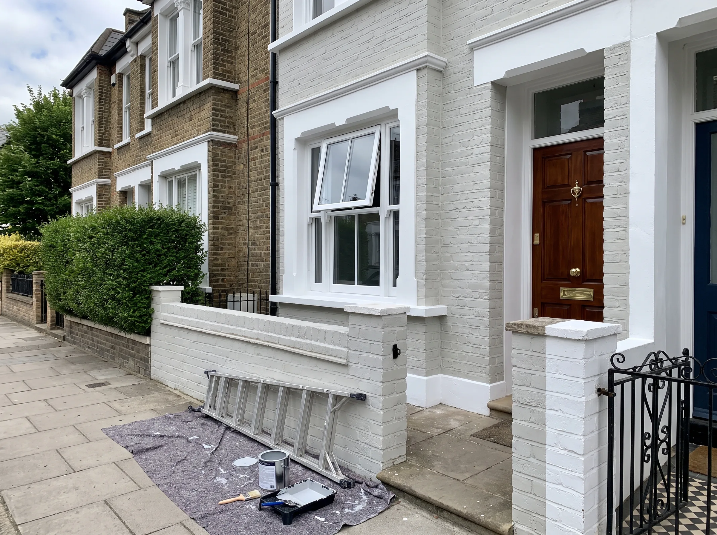 Exterior wall painting of a residential building with a ladder and paint supplies visible