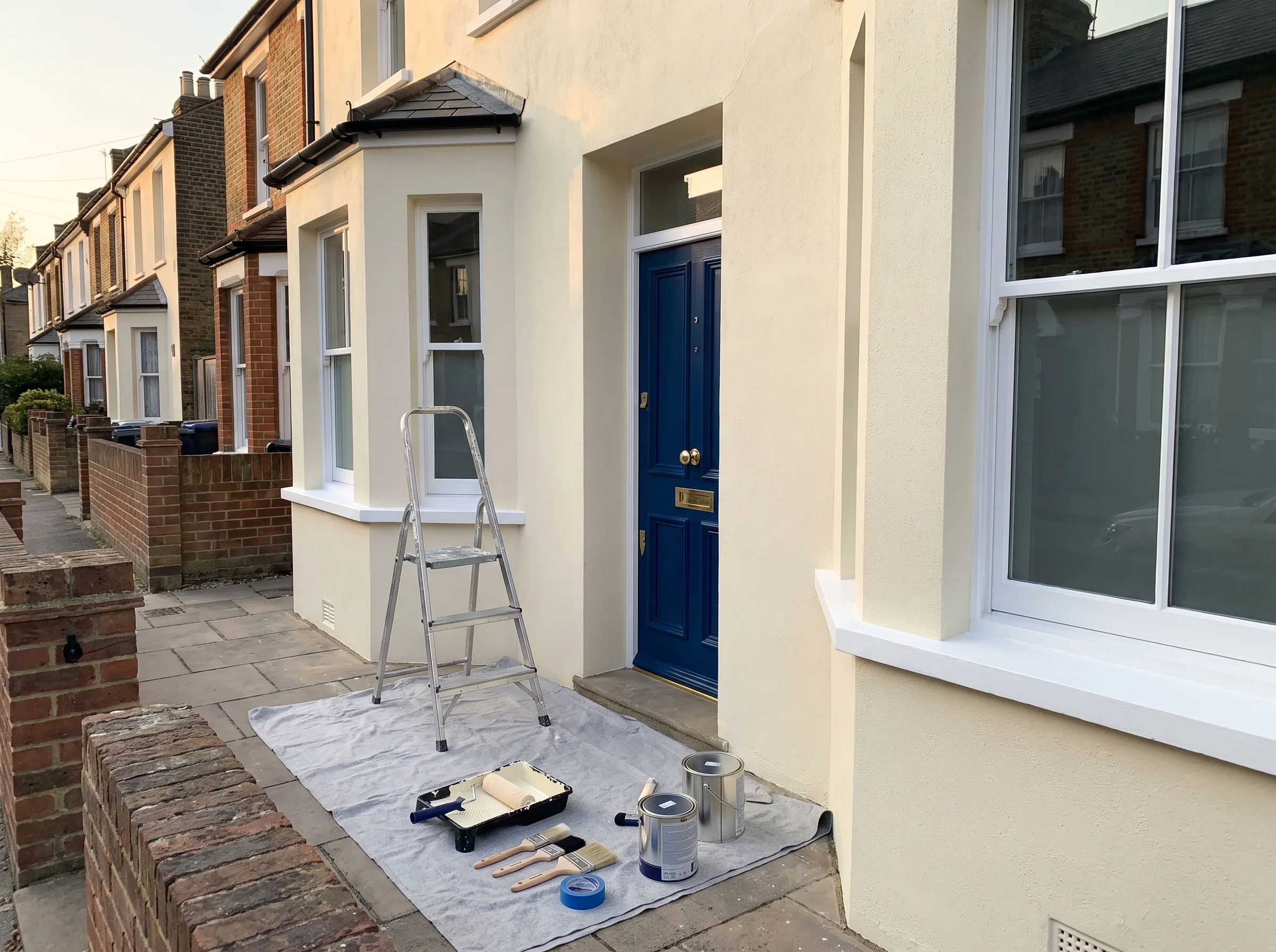 Exterior painting preparation with a ladder, tools, and paint cans in front of a house