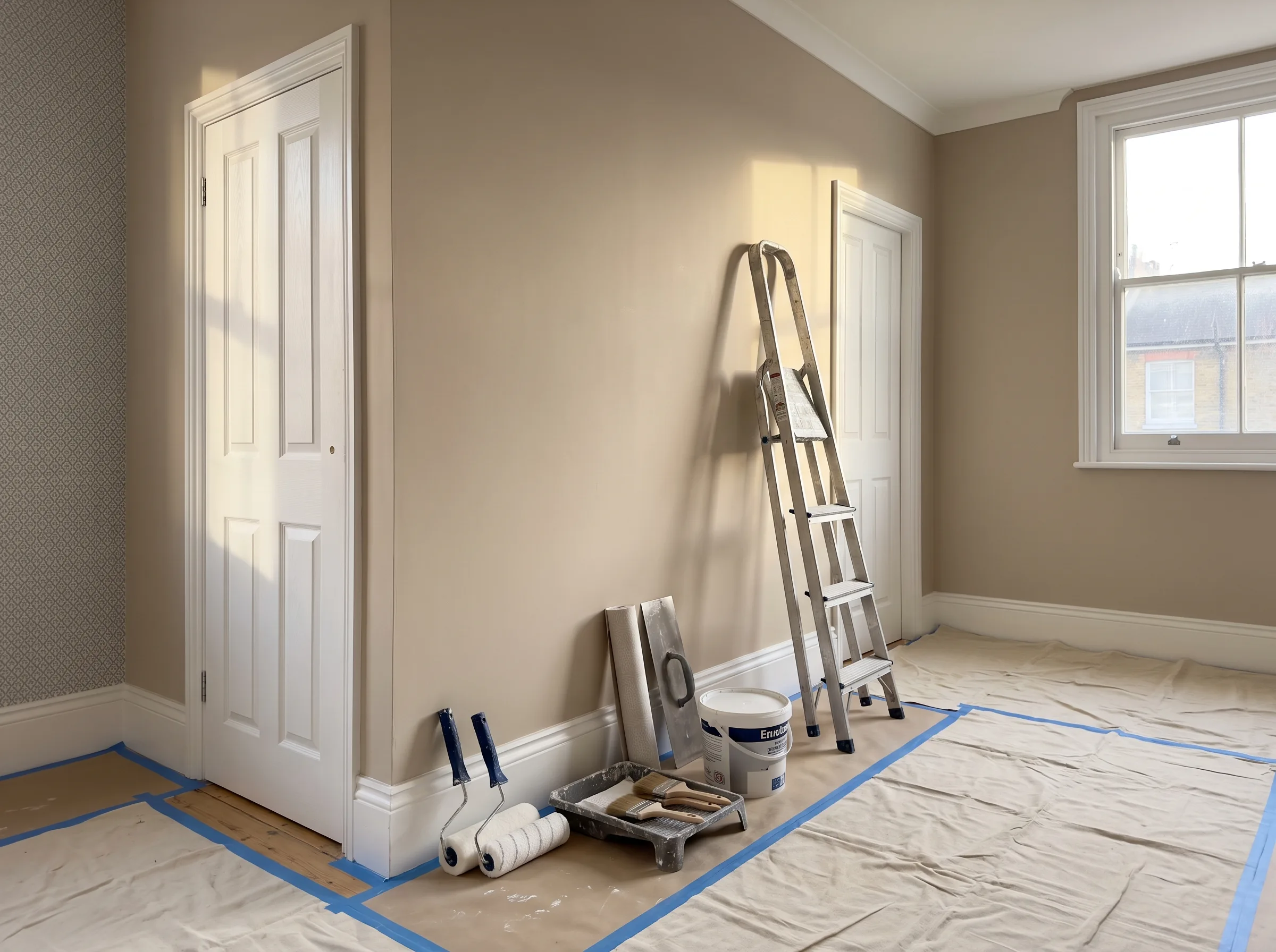 A freshly painted interior room with a ladder, paint supplies, and a neatly covered floor