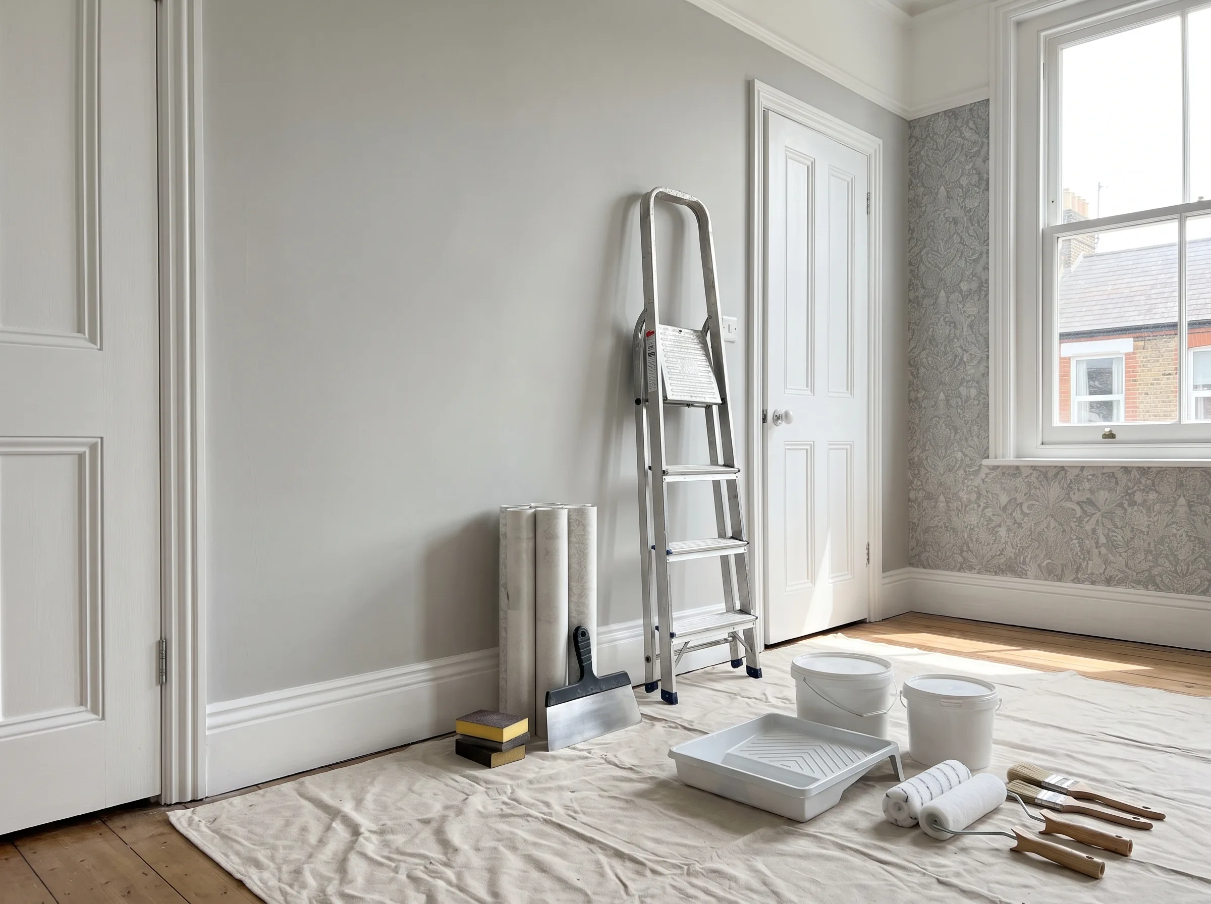A well-lit interior painting setup with paint cans, brushes, and a ladder on a covered floor