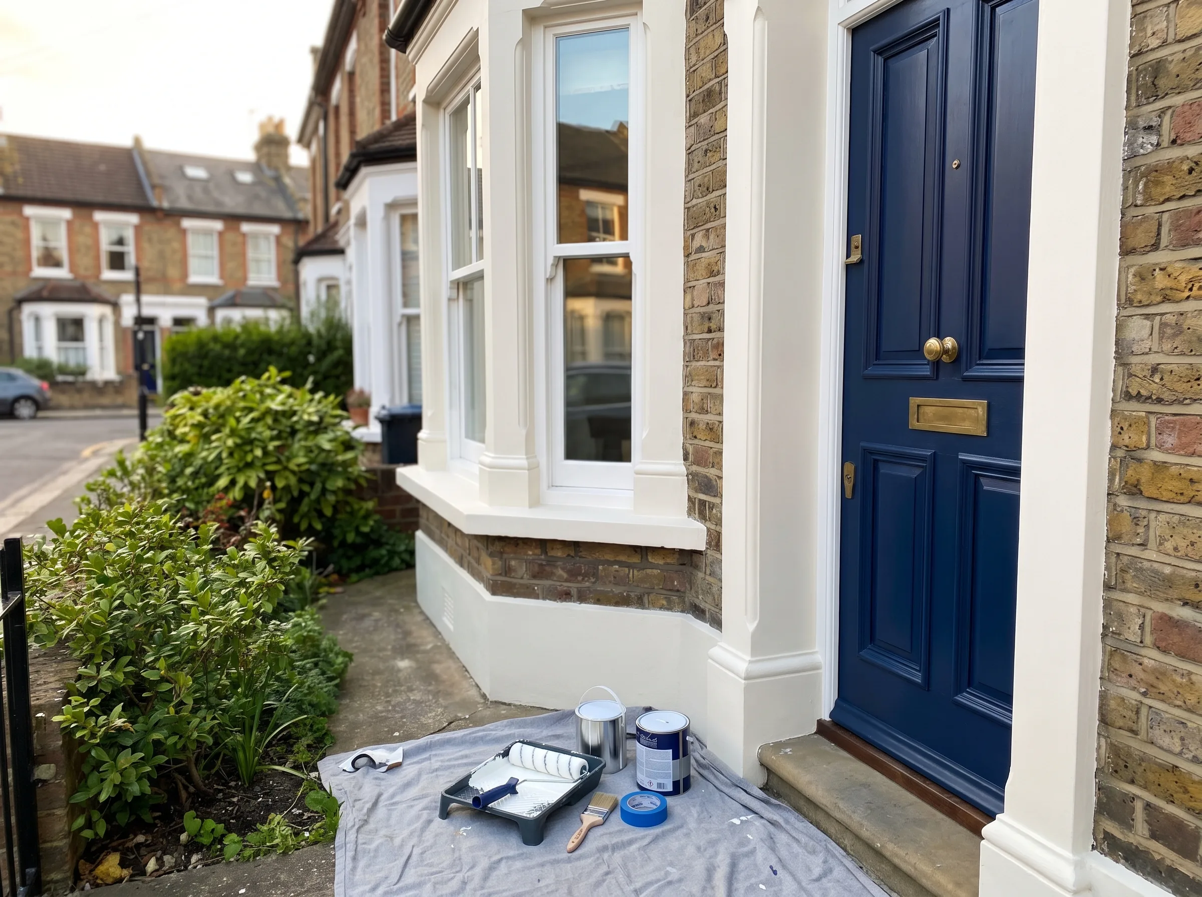 A freshly painted blue front door with a roller, paint cans, and drop cloth nearby