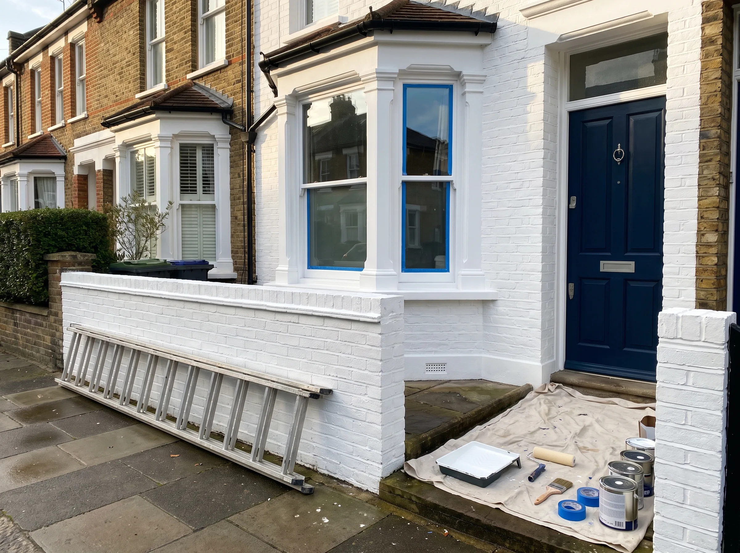 Recently painted exterior of a house featuring a blue door, white walls, and painting supplies