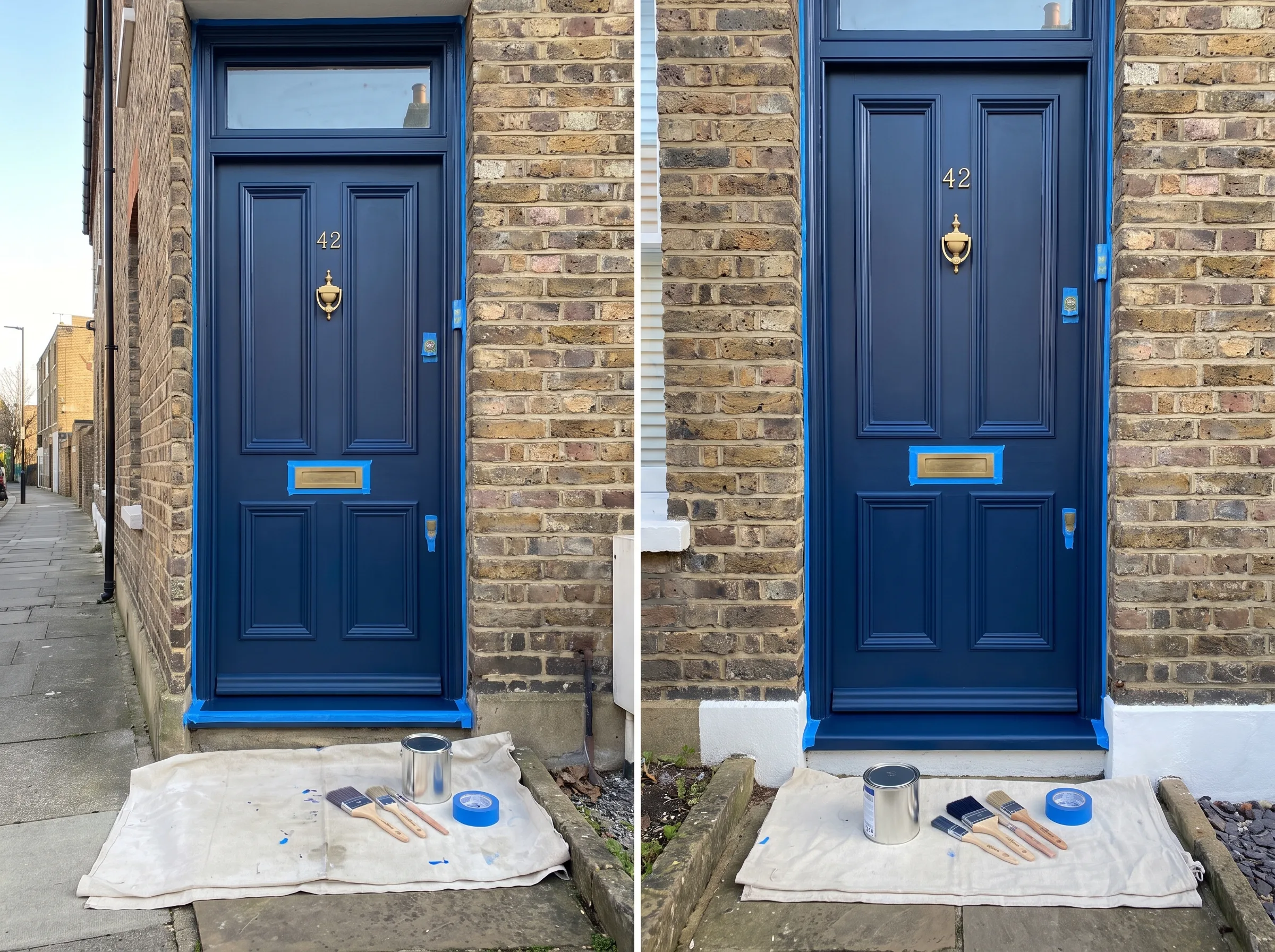 A front door painted in dark blue with painting tools and materials on a drop cloth in front