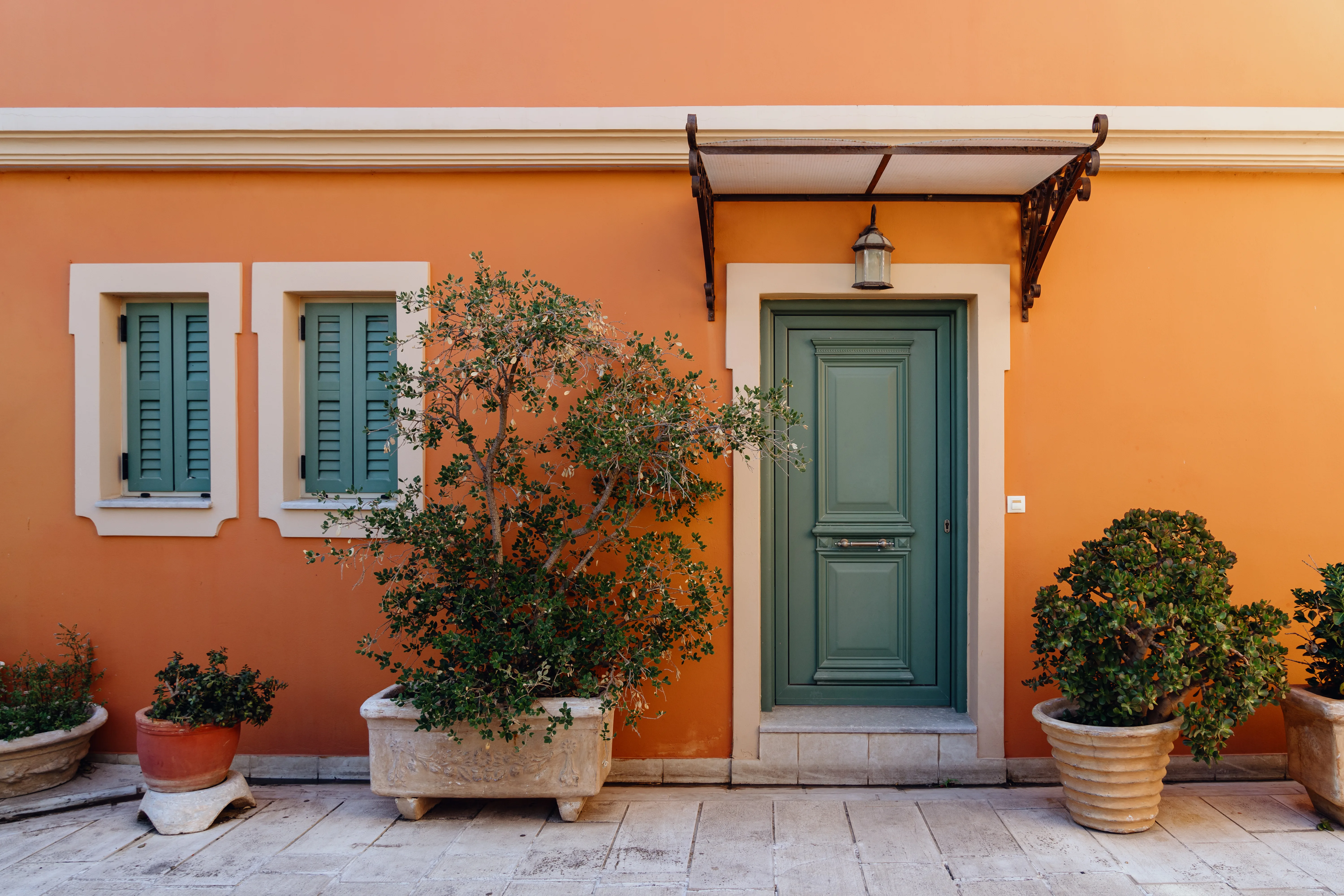 A vibrant orange wall with a green door and decorated with potted plants