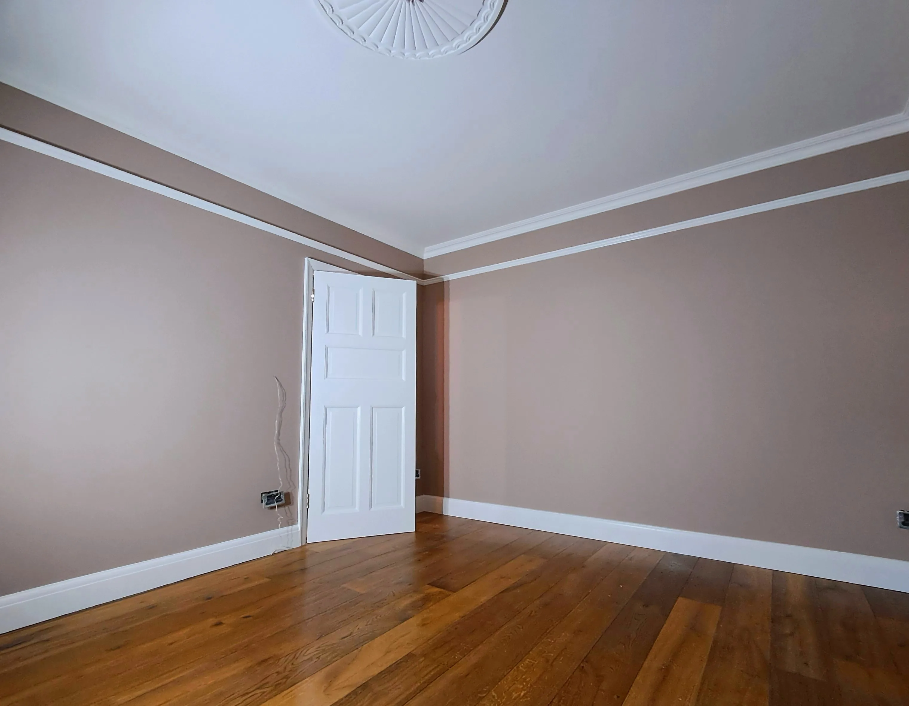 Freshly painted interior room with light brown walls and wooden flooring