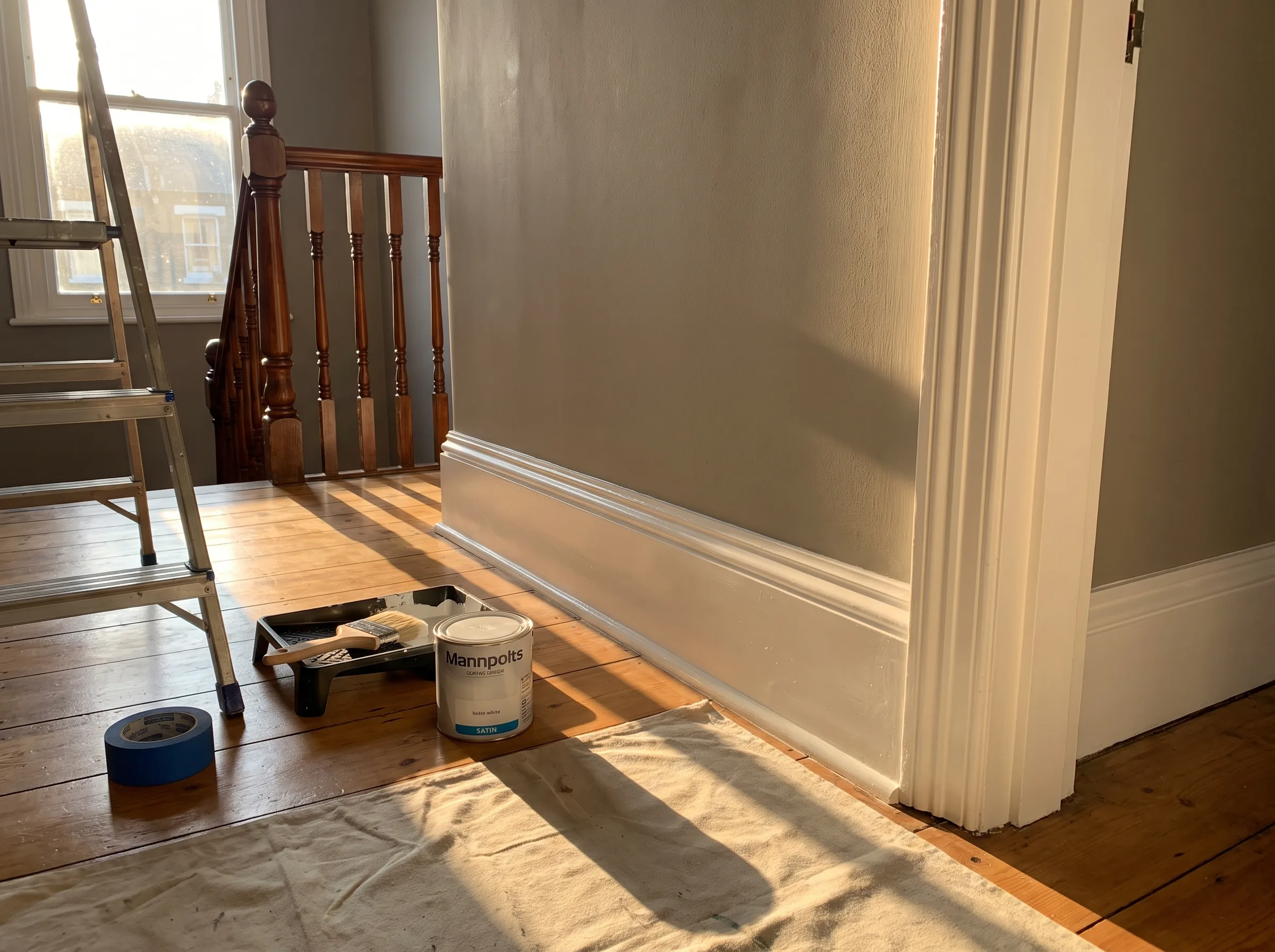 Interior painting of a hallway with a ladder, paint tray, and wall trim
