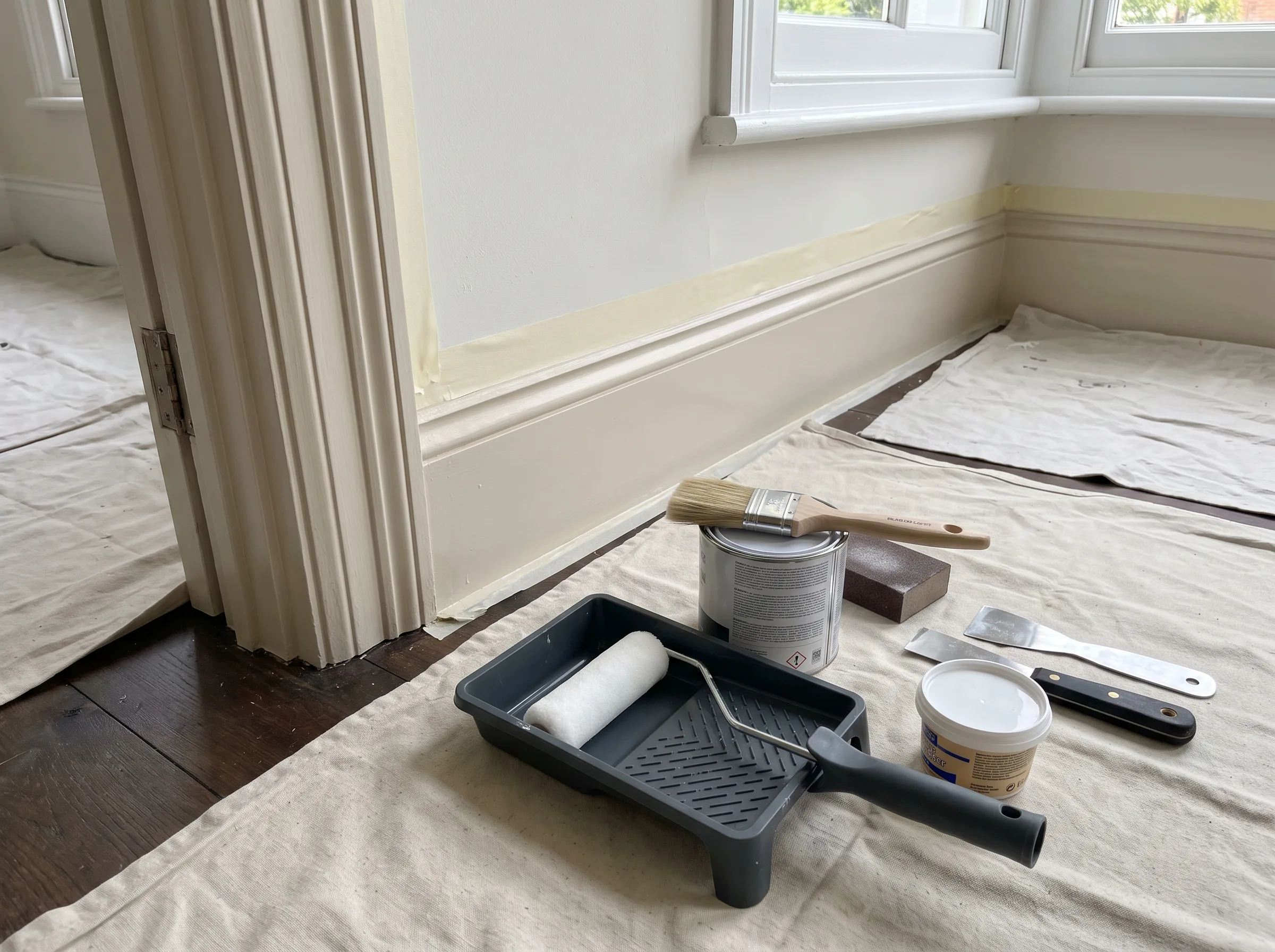 Tools and materials for Interior Painting on a prepared floor with canvas covering