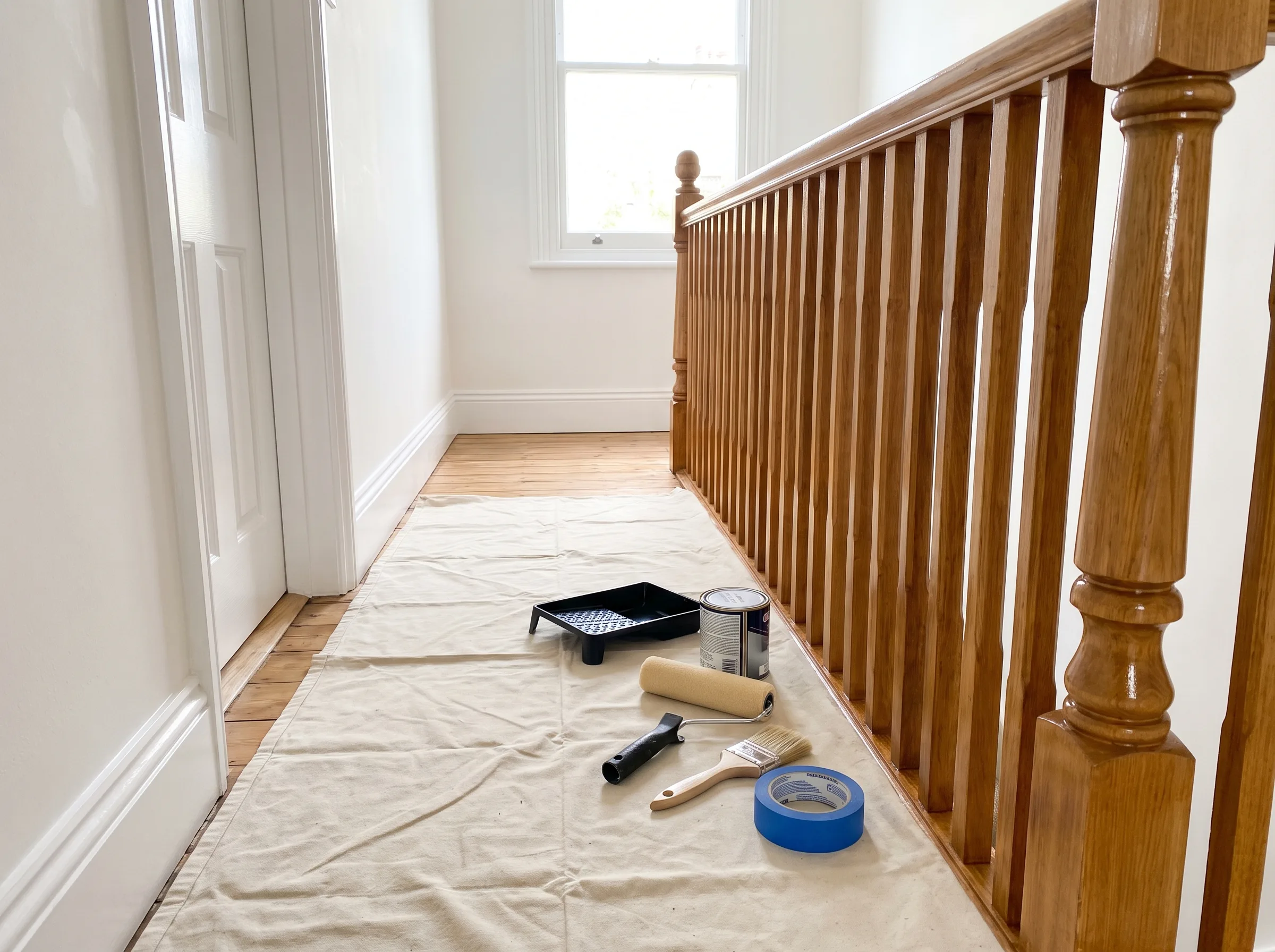 Interior painting tools and materials arranged on a drop cloth in a hallway