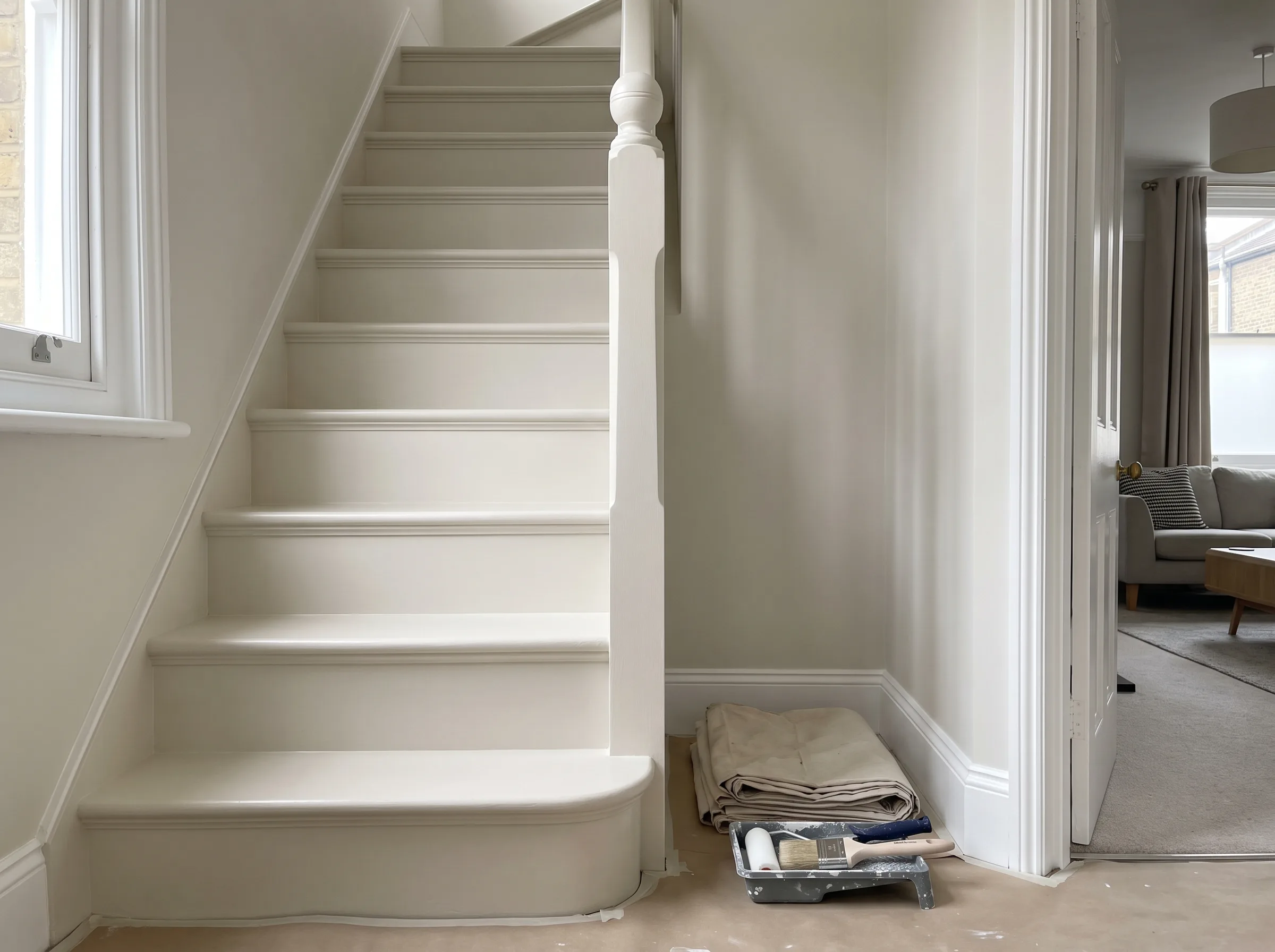 Freshly painted interior staircase with wooden steps and a clean, modern look