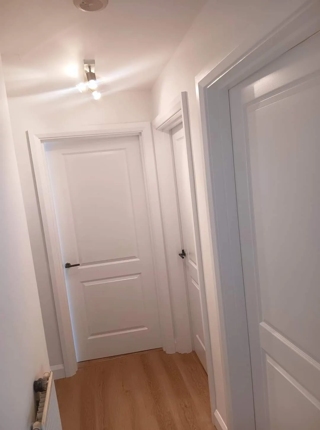 Bright hallway featuring freshly painted white doors and walls, showcasing interior decorating services