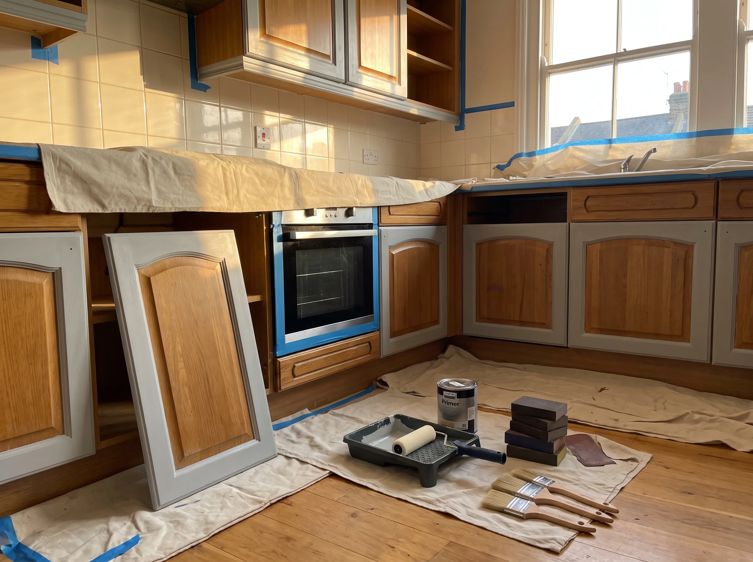 Interior woodwork painting in a kitchen with tools and prepared surfaces