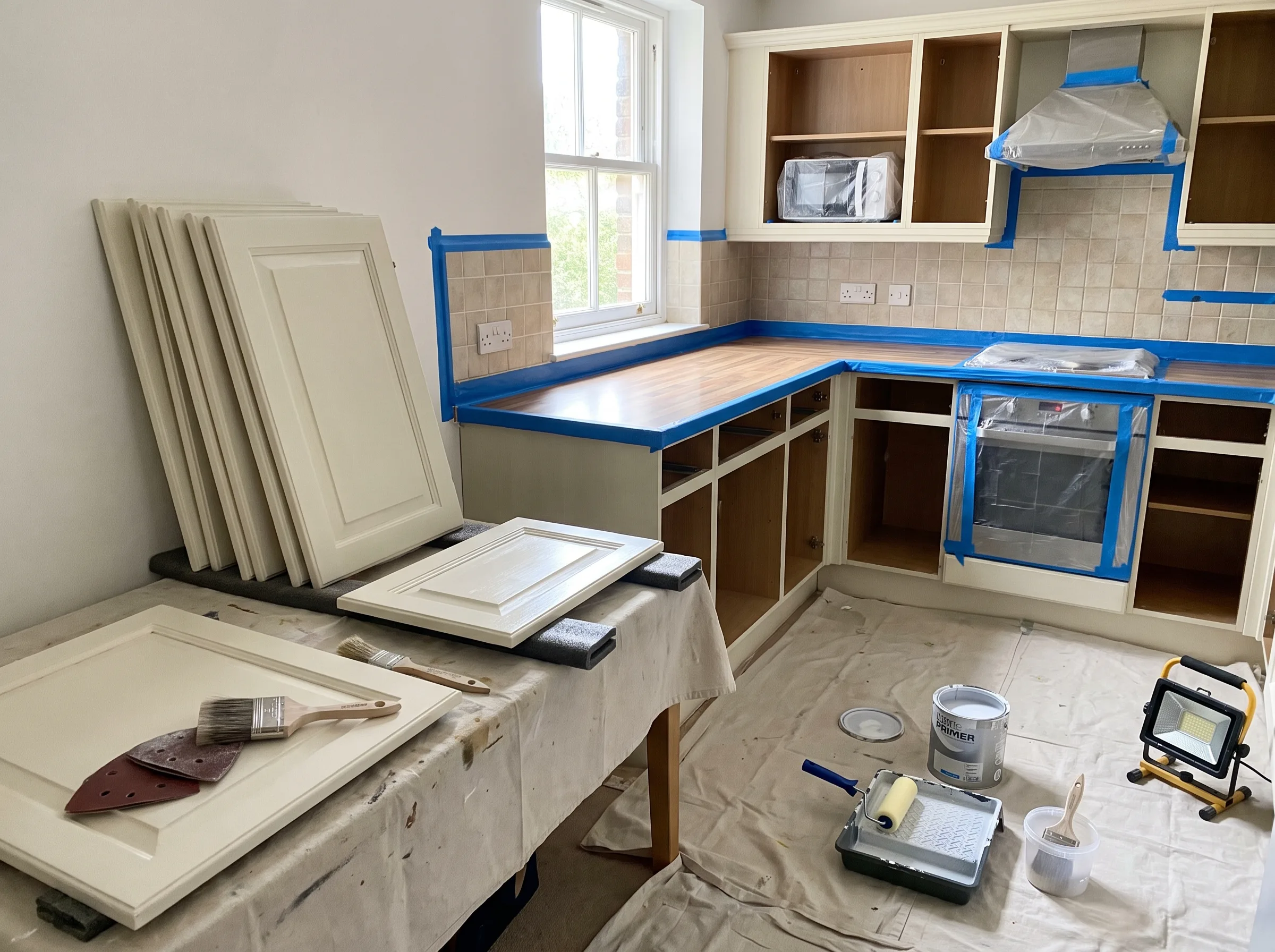 Interior kitchen painting in progress, featuring painted cabinet doors and tools organized for the job