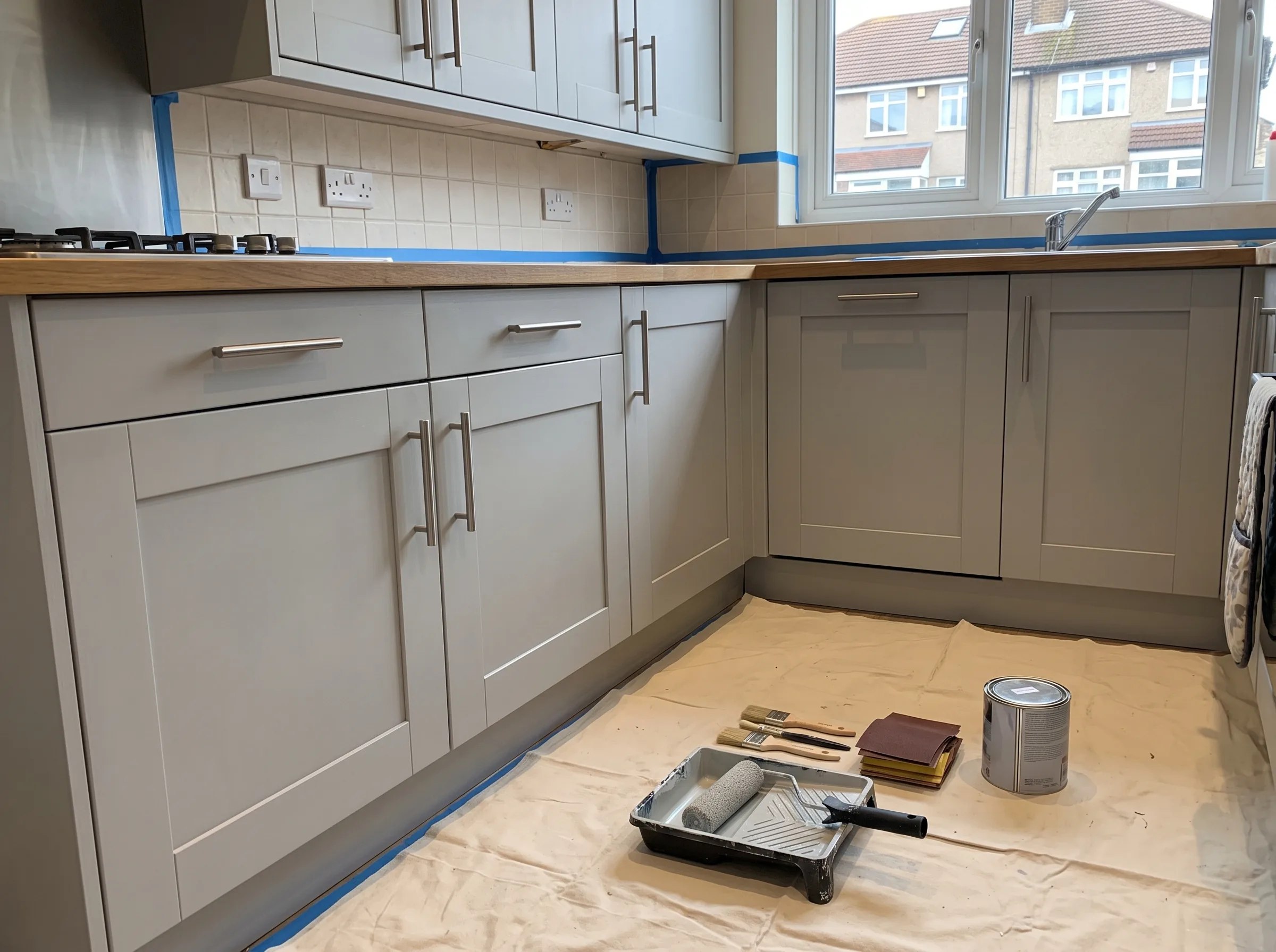 Newly painted kitchen cabinets with tools and paint can in preparation for decorating